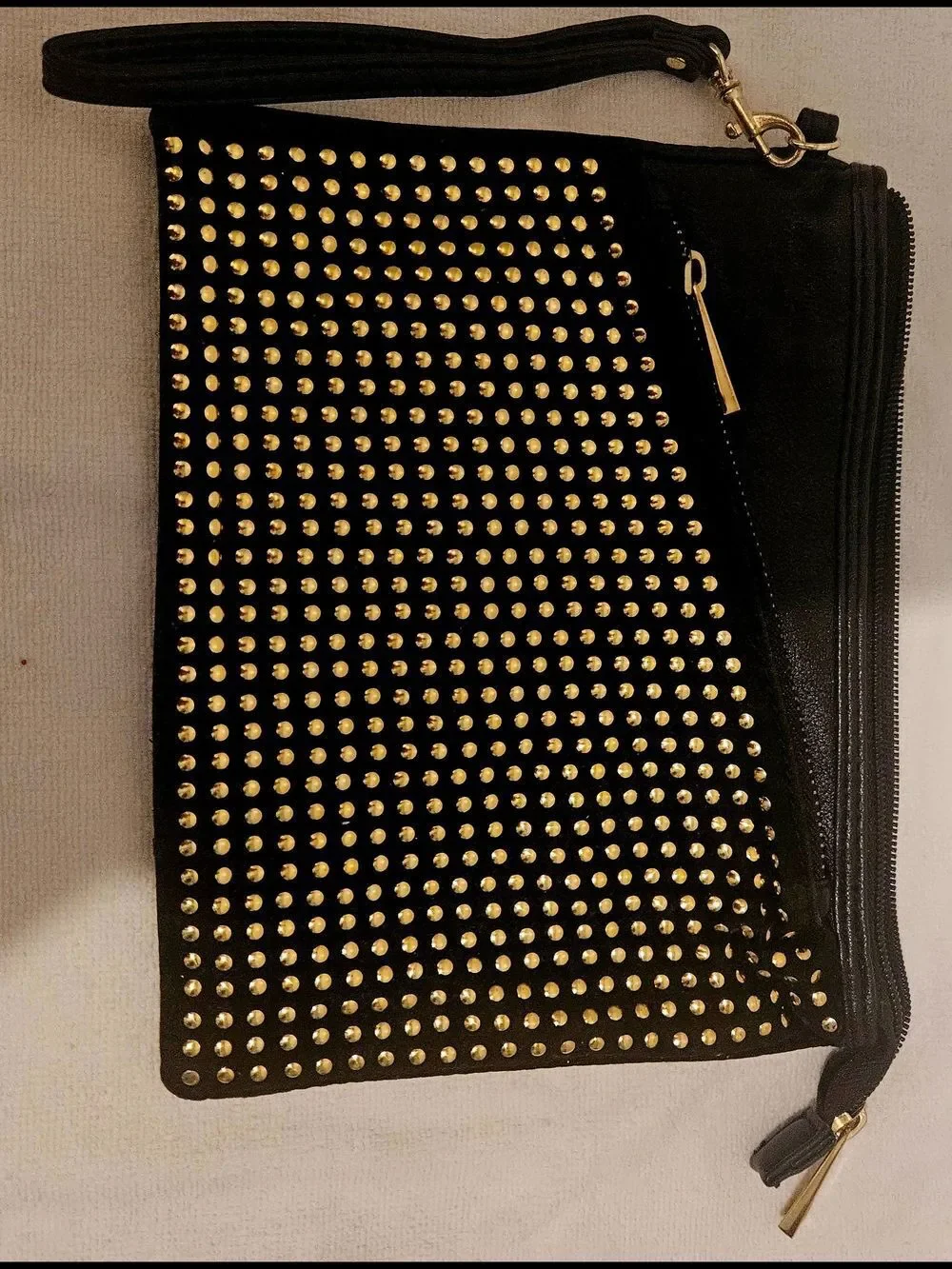 Black Studded Wristlet Clutch with Gold Hardware